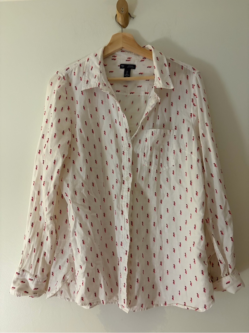 Women 100% cotton White Button-Down Shirt with embroidery Red Micro detail
